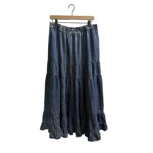 American Eagle tiered long maxi denim skirt size xl pull stretch waist modest